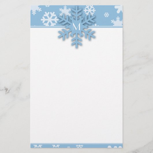 Blauwe Sneeuwvlok Grens met Monogrammed Sneeuwvlok Briefpapier (Voorkant)