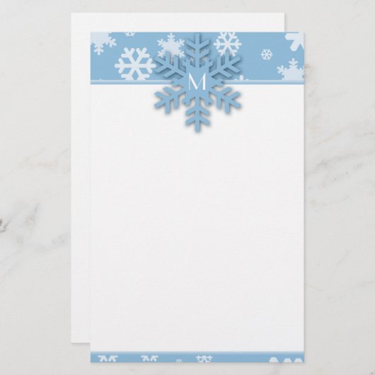 Blauwe Sneeuwvlok Grens met Monogrammed Sneeuwvlok Briefpapier (Voorkant / Achterkant)