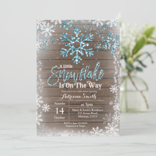 Blauwe sneeuwvlok is onderweg naar baby shower kaart (Staand voorkant)