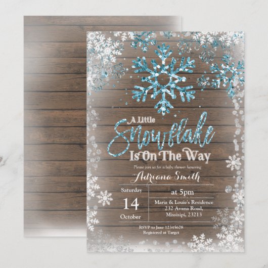 Blauwe sneeuwvlok is onderweg naar baby shower kaart (Voorkant / Achterkant)