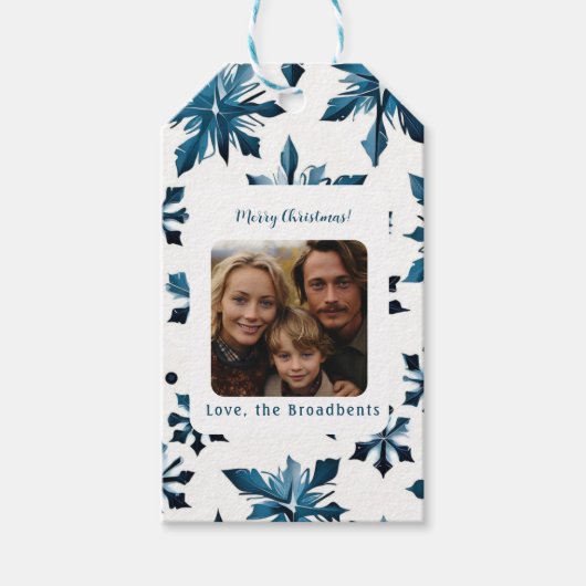 Blauwe Sneeuwvlok Kerstfoto Sticker Cadeaulabel (Voorkant)