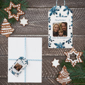 Blauwe Sneeuwvlok Kerstfoto Sticker Cadeaulabel