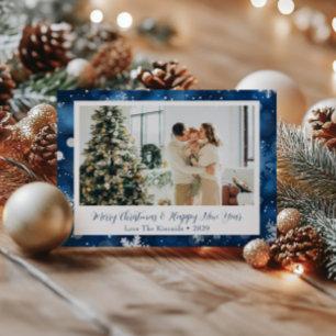 Blauwe Sneeuwvlok Kerstmis Familie Foto Ansichtkaa Feestdagenkaart