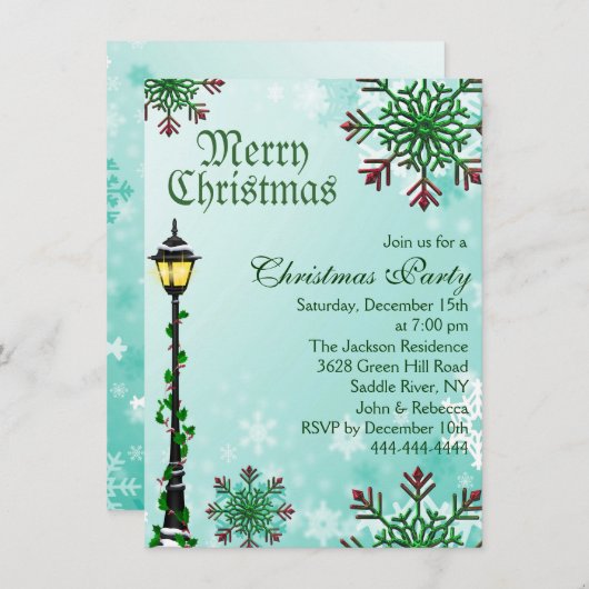 Blauwe sneeuwvlok & lichte kerstfeest uitnodiging (Voorkant / Achterkant)