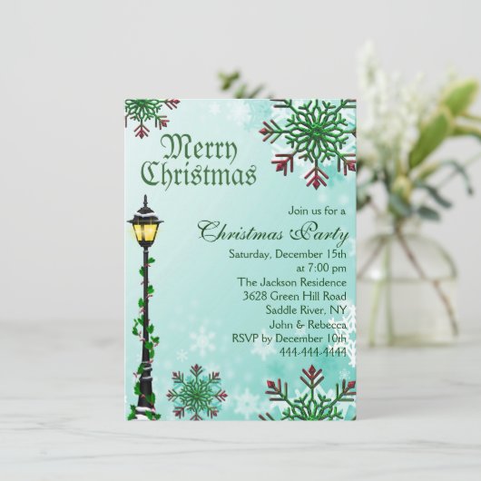 Blauwe sneeuwvlok & lichte kerstfeest uitnodiging (Staand voorkant)