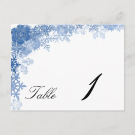 Blauwe Sneeuwvlok op Witte Trouwtafel Nummer Briefkaart