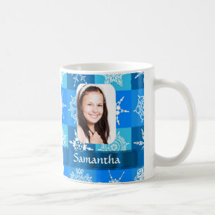 Blauwe sneeuwvlok patroon foto sjabloon koffiemok