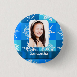 Blauwe sneeuwvlok patroon foto sjabloon ronde button 3,2 cm