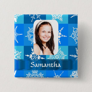 Blauwe sneeuwvlok patroon foto sjabloon vierkante button 5,1 cm