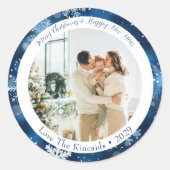 Blauwe Sneeuwvlok Ronde Kerst Foto Sticker (Voorkant)