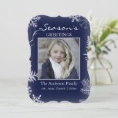 Blauwe Sneeuwvlok Rustieke Houten Kerst Feestdagenkaart (Staand voorkant)