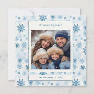 Blauwe Sneeuwvlok Vierkante Aquarel Familie Foto Feestdagenkaart