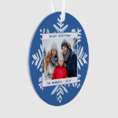 Blauwe sneeuwvlok Vrolijk Kerstfeest Familiefoto Ornament (voorkant)