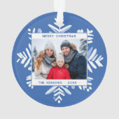 Blauwe sneeuwvlok Vrolijk Kerstfeest Familiefoto Ornament (achterkant)