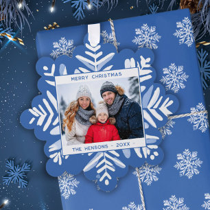 Blauwe sneeuwvlok Vrolijk Kerstfeest Familiefoto Ornament Kaart