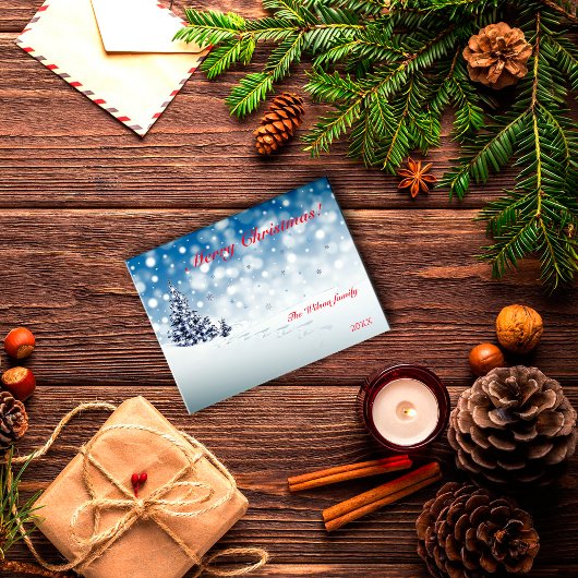 Blauwe sneeuwvlok wens minimalistische rode letter briefkaart