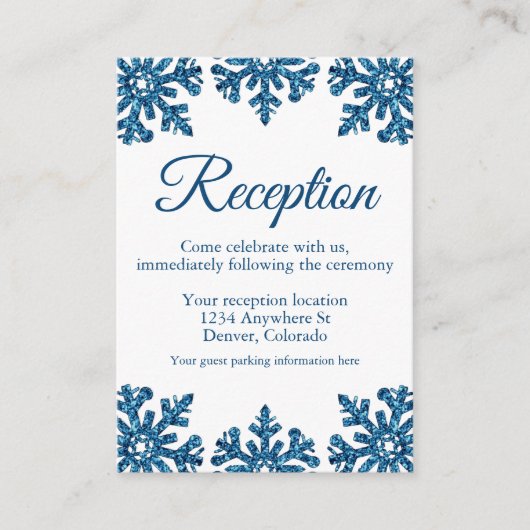 Blauwe sneeuwvlok Winter bruiloft receptie Informatiekaartje (Voorkant)
