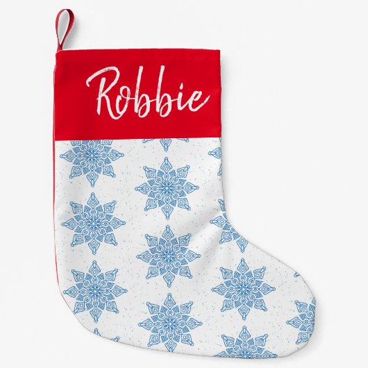 Blauwe sneeuwvlokken Aangepaste naam kerststop Kleine Kerstsok (Voorkant)