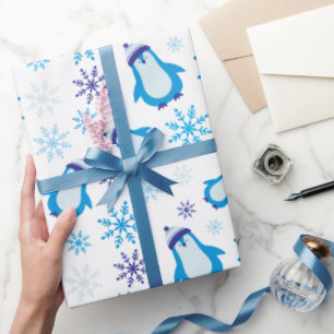 Blauwe sneeuwvlokken en Schattigee pinguïns Wit Na Cadeaupapier