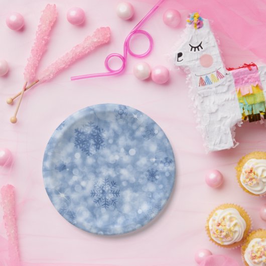 Blauwe sneeuwvlokken en spinken papieren bordje (Feest)