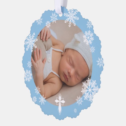 Blauwe Sneeuwvlokken Foto Winter Doop Dank u Ornament Kaart (Links)