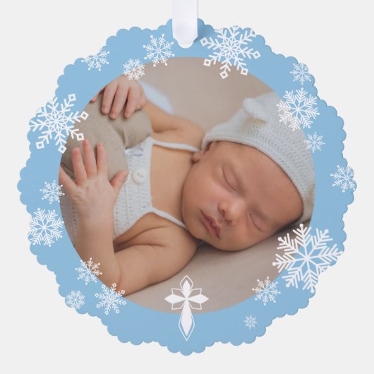 Blauwe Sneeuwvlokken Foto Winter Doop Dank u Ornament Kaart (Voorkant)