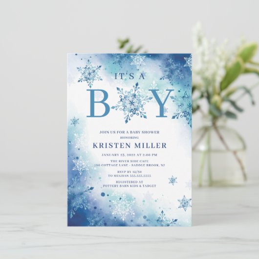 Blauwe sneeuwvlokken Het is Boy Winter Baby shower Kaart (Staand voorkant)