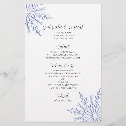 Blauwe sneeuwvlokken in het menu White Winter Wedd (Voorkant)