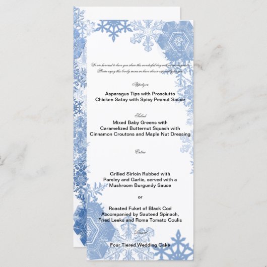 Blauwe sneeuwvlokken in het menu Witte bruiloft (Voorkant / Achterkant)