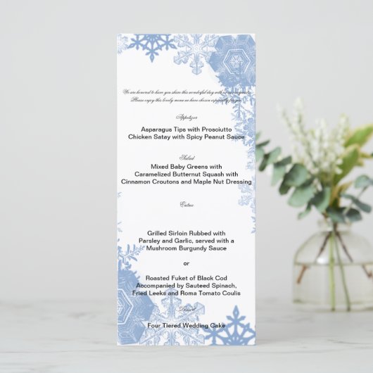 Blauwe sneeuwvlokken in het menu Witte bruiloft (Staand voorkant)