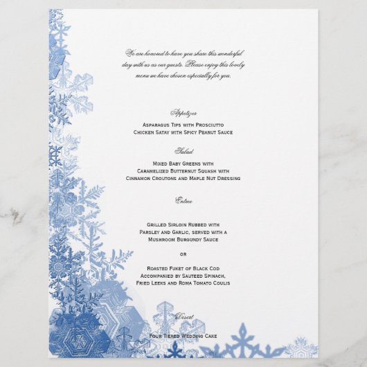 Blauwe sneeuwvlokken in het menu Witte bruiloft (Voorkant)