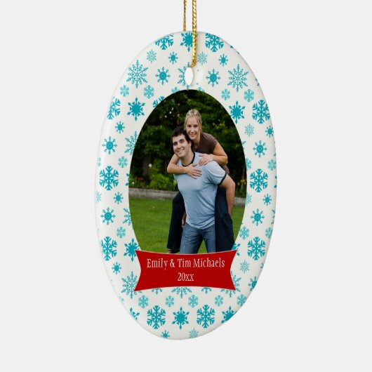 Blauwe sneeuwvlokken kerstfeestfoto-versiering keramisch ornament (Rechts)