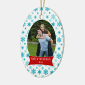 Blauwe sneeuwvlokken kerstfeestfoto-versiering keramisch ornament (Links)