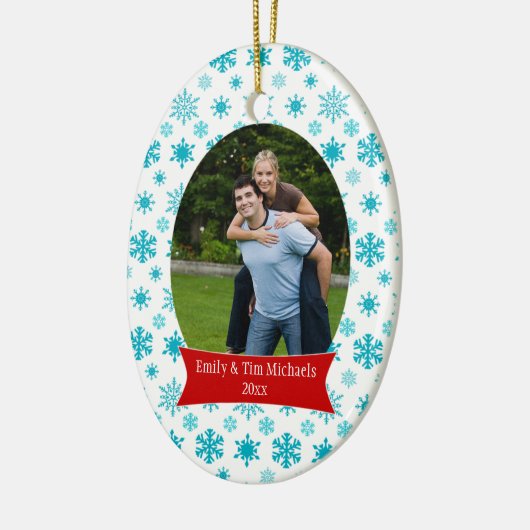 Blauwe sneeuwvlokken kerstfeestfoto-versiering keramisch ornament (Links)