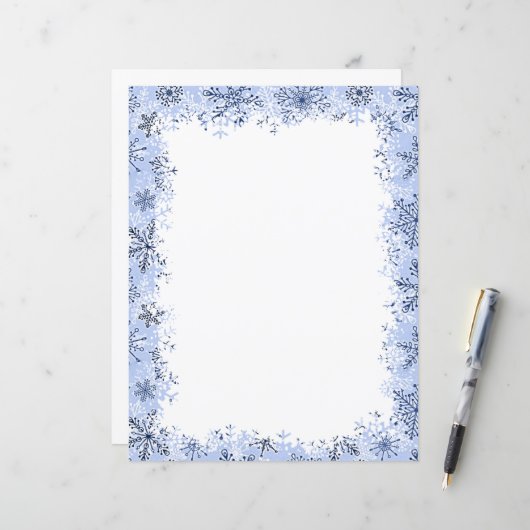 Blauwe sneeuwvlokken Kerststationery (Voorkant / Achterkant in situ)