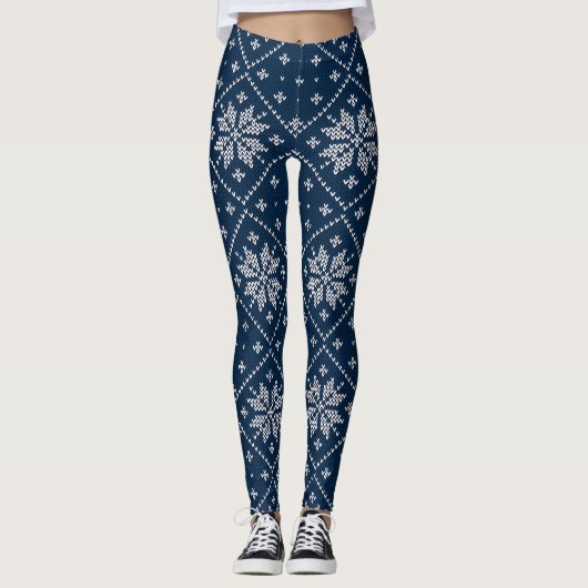 Blauwe Sneeuwvlokken Kersttrui Breipatroon Leggings (Voorkant)