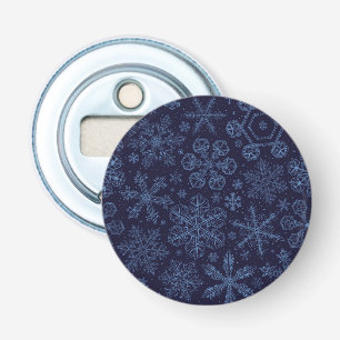 Blauwe sneeuwvlokken op blauw button flesopener