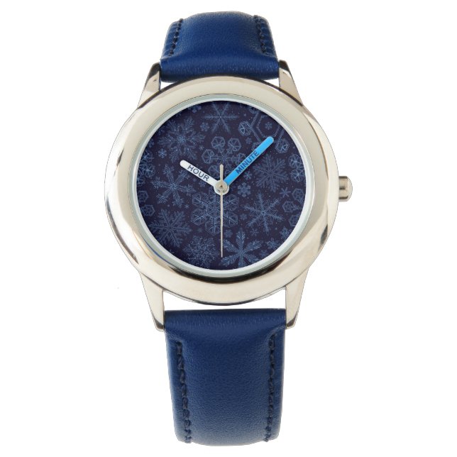Blauwe sneeuwvlokken op blauw horloge (Voorkant)