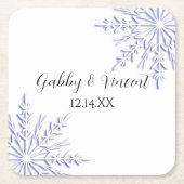Blauwe sneeuwvlokken op het witte winterhuwelijk kartonnen onderzetters (Voorkant)