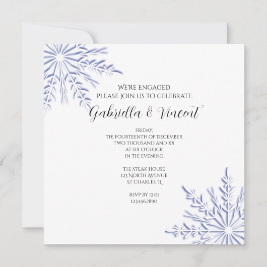 Blauwe sneeuwvlokken op White Winter Engagement Pa Kaart (Voorkant)