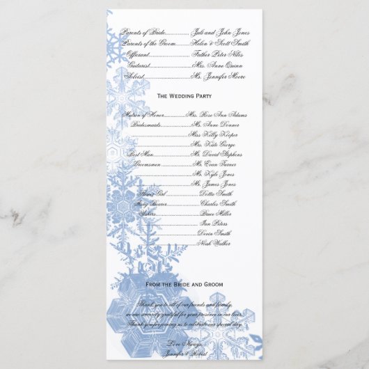 Blauwe sneeuwvlokken op witte bruiloft programma programmakaart (Achterkant)