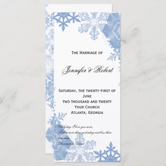 Blauwe sneeuwvlokken op witte bruiloft programma programmakaart (Voorkant / Achterkant)