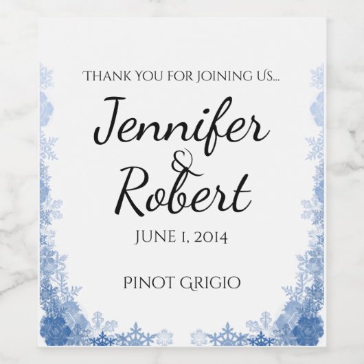 Blauwe Sneeuwvlokken op Witte Bruiloft Wijn Label Wijn Etiket (Enkel label)