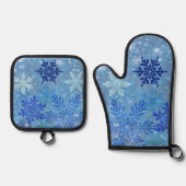Blauwe Sneeuwvlokken Oven Mitt & Pot Houder Set (Voorkant)