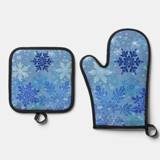 Blauwe Sneeuwvlokken Oven Mitt & Pot Houder Set (Voorkant)