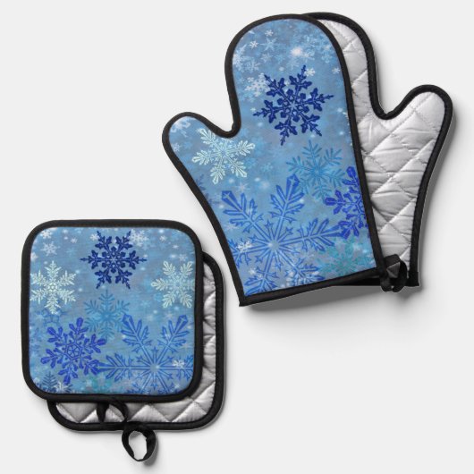 Blauwe Sneeuwvlokken Oven Mitt & Pot Houder Set (Voorkant / Achterkant)