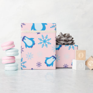 Blauwe Sneeuwvlokken & Schattigee Pinguïn Licht Ro Cadeaupapier