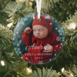 Blauwe sneeuwvlokken & sterrenbaby's eerste kerstf glas ornament<br><div class="desc">Mooie ronde kerstversiering om het eerste kerstfeest van je baby te vieren. Voeg een foto van je baby toe, zijn naam en het jaar. Blauwe sneeuwvlokken en witte sterren zijn op je foto gedrukt om het een mooi wintergevoel te geven. Snowflake en ster met het eerste kerstcadeautje ornament in een...</div>