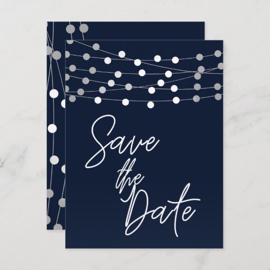 Blauwe snoerlampjes Modern script save the date Aankondigingskaart (Voorkant / Achterkant)