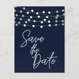 Blauwe snoerlichtjes Modern script save the date Aankondigingskaart